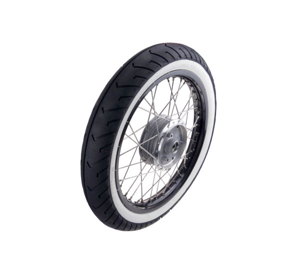 Komplettrad vorne 1,5x16 Zoll mit MITAS Weißwandreifen und schwarzen Felgen für Simson