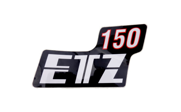 Aufkleber/ Klebefolie „ETZ150“ für Seitendeckel, schwarz-weiß-rot (schwarzer Rand), MZ ETZ 150