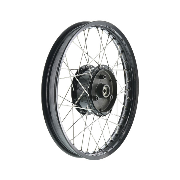 Speichenrad 1,50x16 Alufelge schwarz mit Edelstahlspeichen, schwarze Radnabe, Simson