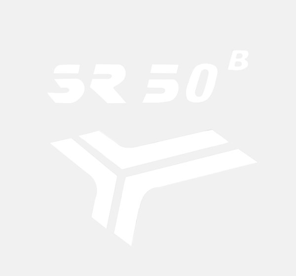 Aufkleber, Schriftzug „SR50 B“ in weiß für das Knieblech, Simson Roller SR50
